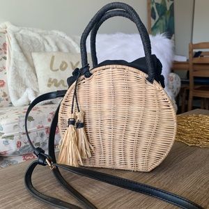 Straw & Faux Leather Crossbody Bag